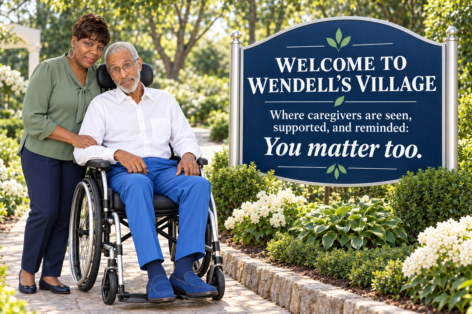 Bridgette standing beside Wendell in his wheelchair at the garden entrance to Wendell’s Village