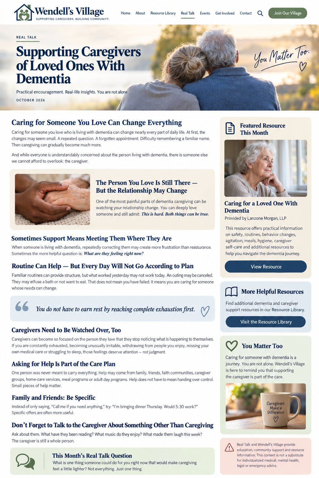 Approved October Real Talk layout: Supporting Caregivers of Loved Ones With Dementia, with diverse hands, a featured dementia-care resource, and caregiver encouragement. Full article text follows.